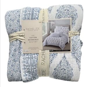 Rachel Zoe Blue and White King Cotton Reversible Quilt Set 106”x92”